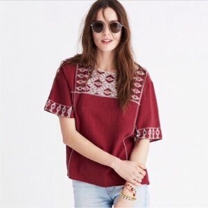 Madewell Embroidered Boxy Tee in Wine Red with white and colored embroidery